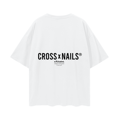 Back view of a Crossxnails® Weargood oversized white T-shirt with a bold Crossxnails® logo across the upper back, unisex design, 100% cotton, loose fit, and drop shoulder style.