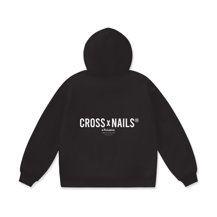 Front and back views of the Crossxnails WearGood Heavyweight Hoodie in charcoal color, featuring an oversized unisex fit, drop shoulders, and minimal branding for a clean and modern look.