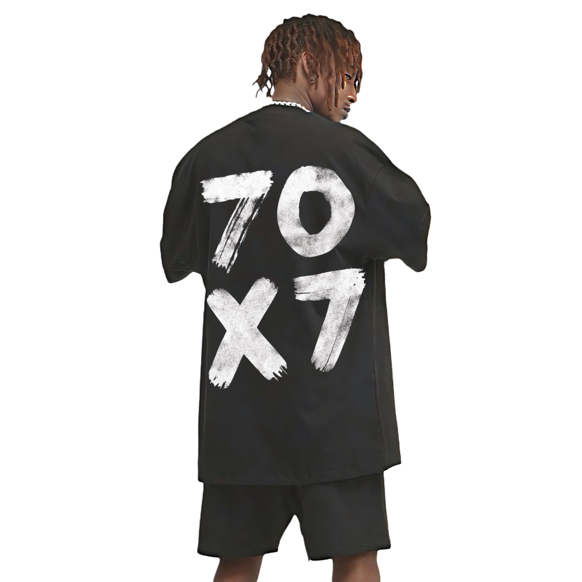 Back view of the X7O7 Vintage Wash Heavyweight T-Shirt in black, showcasing a large ‘7O X7’ graphic print, loose fit, and drop shoulder style.